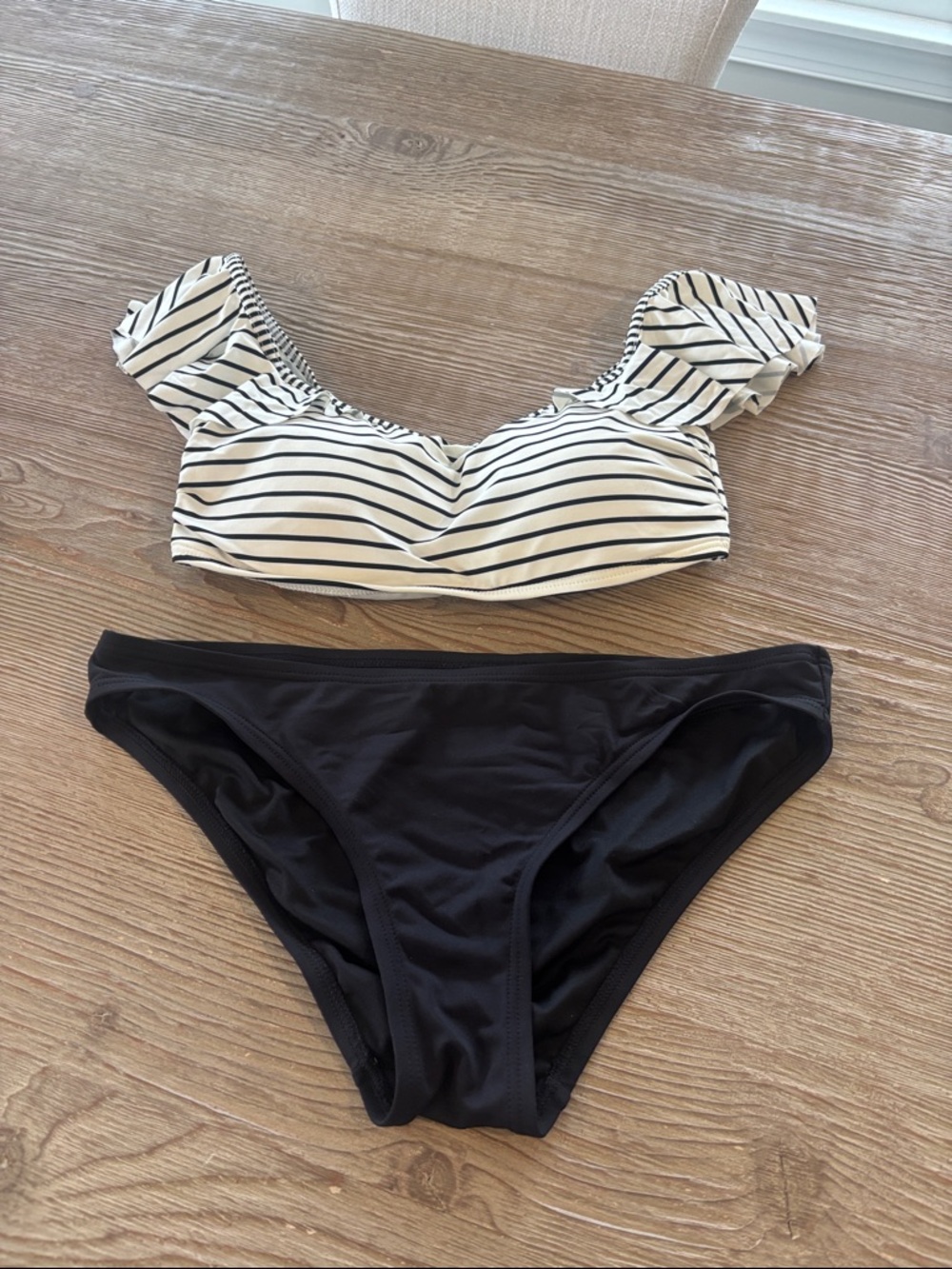Vince Camuto Black Bikini Bottom with White & Black Striped Off-Shoulder Top